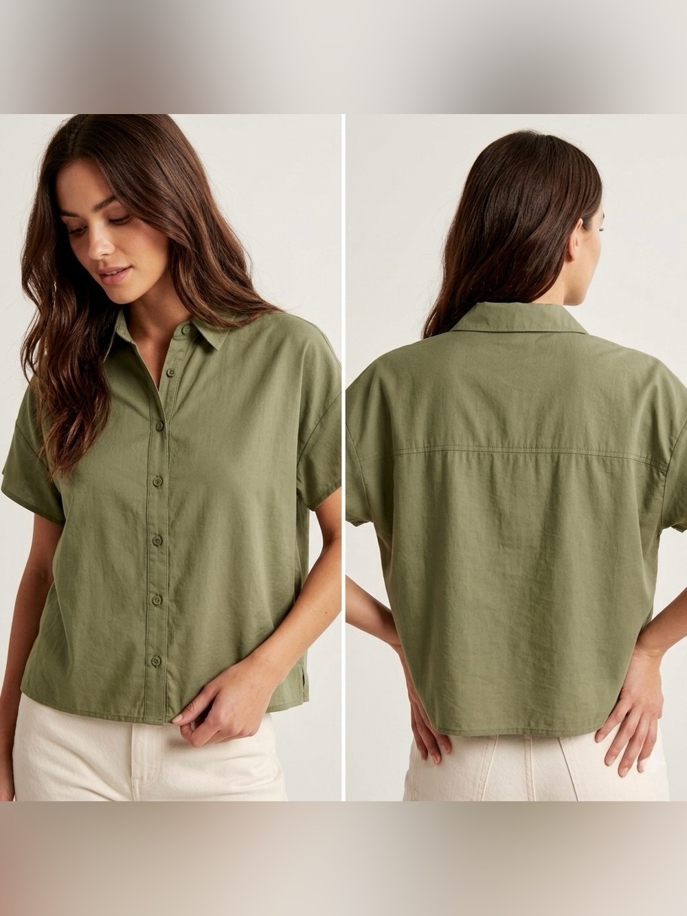 Lulu's Women’s Olive Button-Front Short Sleeve Collard Blouse Shirt Size Large